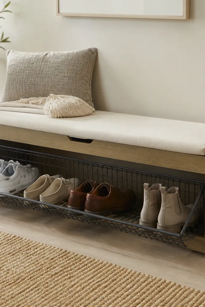 A shallow bench with a cushion on top. The front has a pull-out drawer-like basket made from metal wire. Shoes sit inside the basket with visible space for multiple pairs.