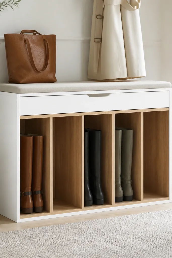 A tall bench with a padded seat and a top drawer for accessories. Below, multiple vertical cubbies hold boots upright. The finish is white with light oak dividers.