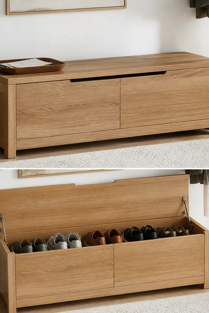 A bench where the seat lid opens upward. When closed, the front top has a flat ledge with a small tray for mail. Inside the lid, shoes are stored in a hidden compartment.