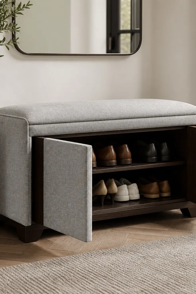 A bench with thick upholstery on the sides and a cushioned seat. The front shows two upholstered doors that open to reveal stacked shoe compartments. The fabric is a textured light gray, and the frame is dark stained wood.