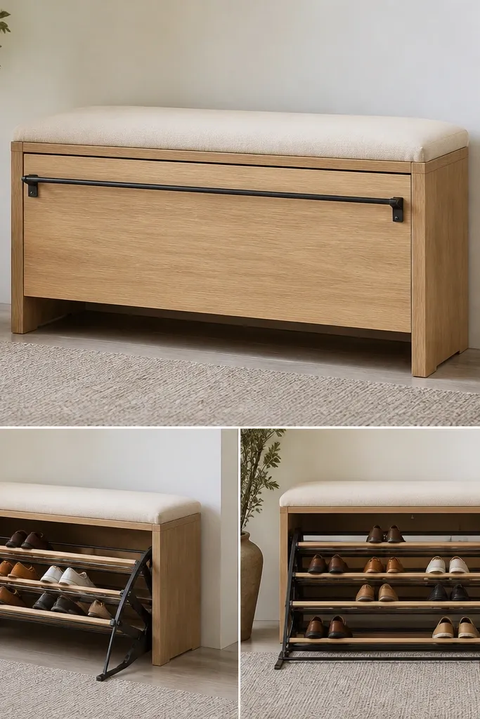 A slim bench with a padded seat and a front mechanism. When opened, a vertical flip-out rack appears like a ladder with multiple rungs for shoes. The wood is natural finish and the hardware is black.