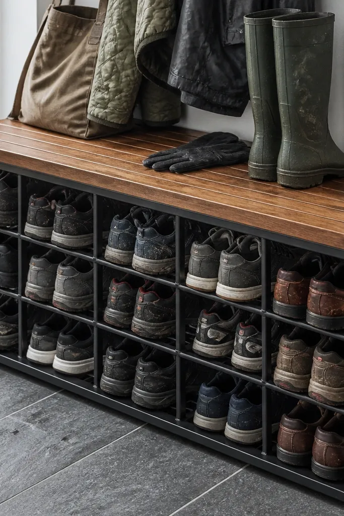 Walnut slat bench on black metal frame with open shoe cubbies