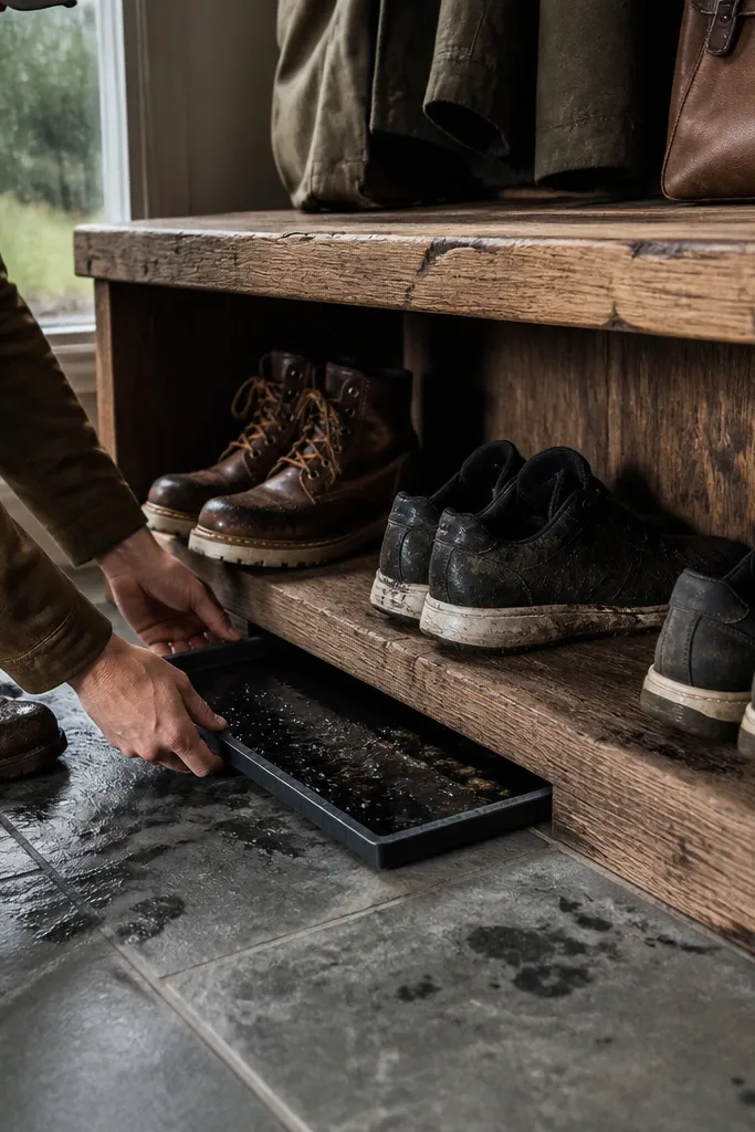 Reclaimed wood bench with open shoe slots and a discreet drain tray