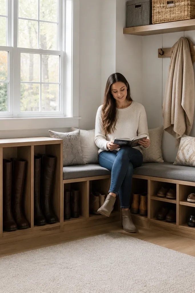 Corner L-shaped shoe rack with wraparound bench seat