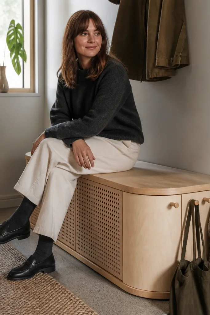 Rounded plywood bench with peg rail above and hidden shoe cubbies below