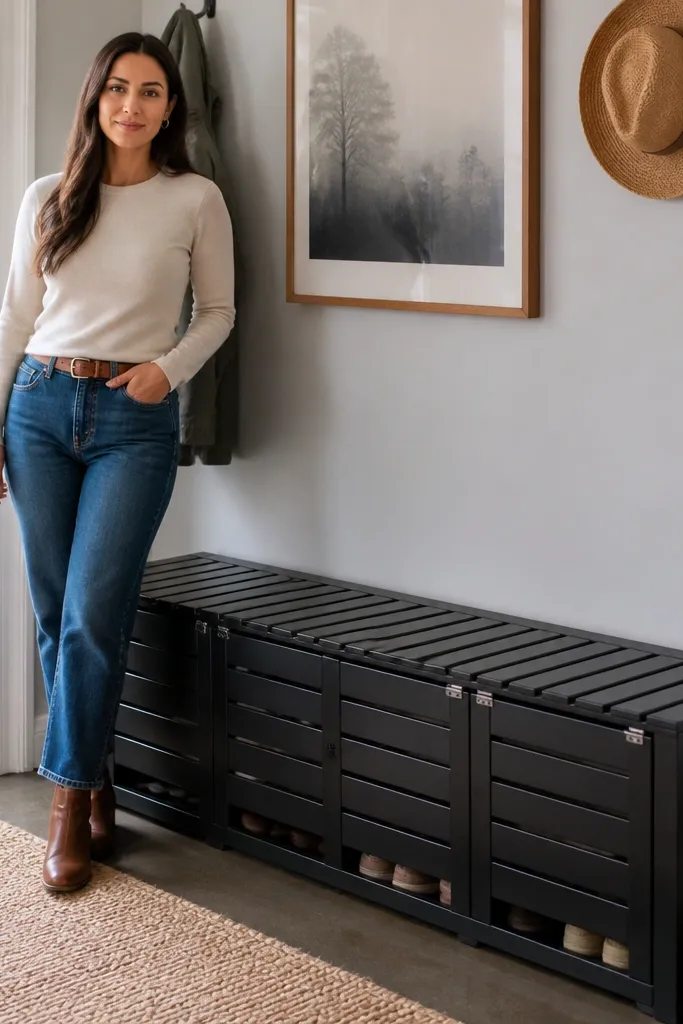 Matte black metal slat bench with hinged doors covering shoe storage