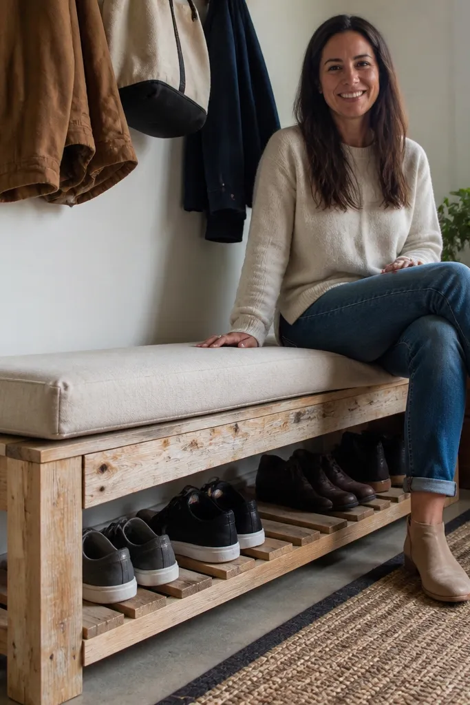 Slatted pallet-look bench with open shoe deck and a removable cushion