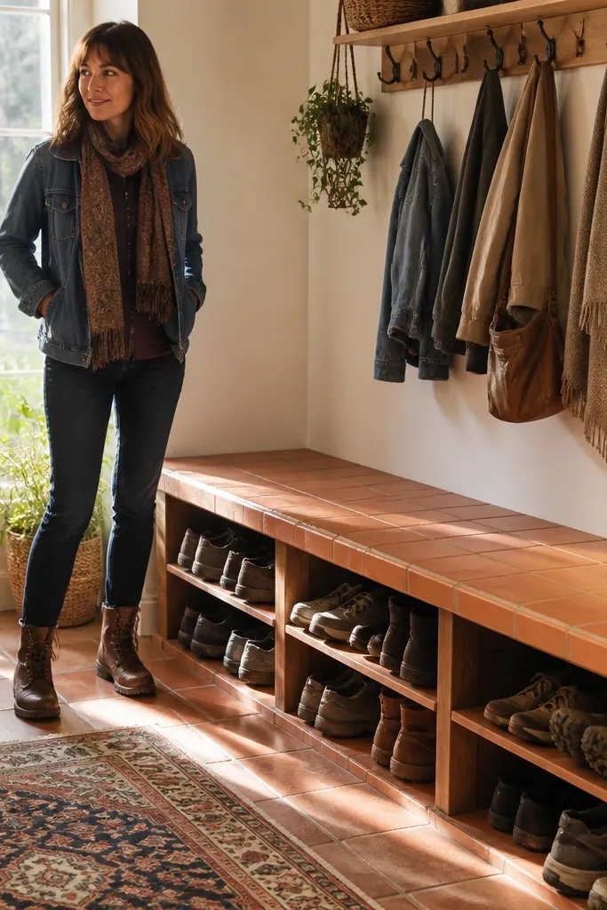 Bench with terracotta tile top and open side shoe racks