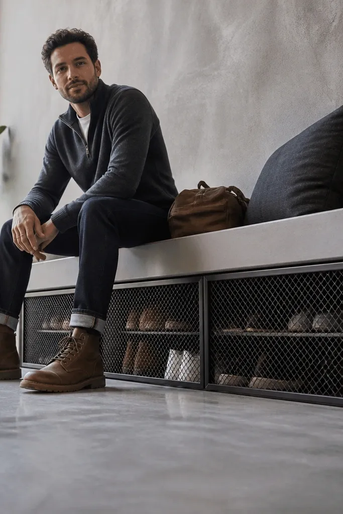Concrete-look bench with metal mesh doors over ventilated shoe storage