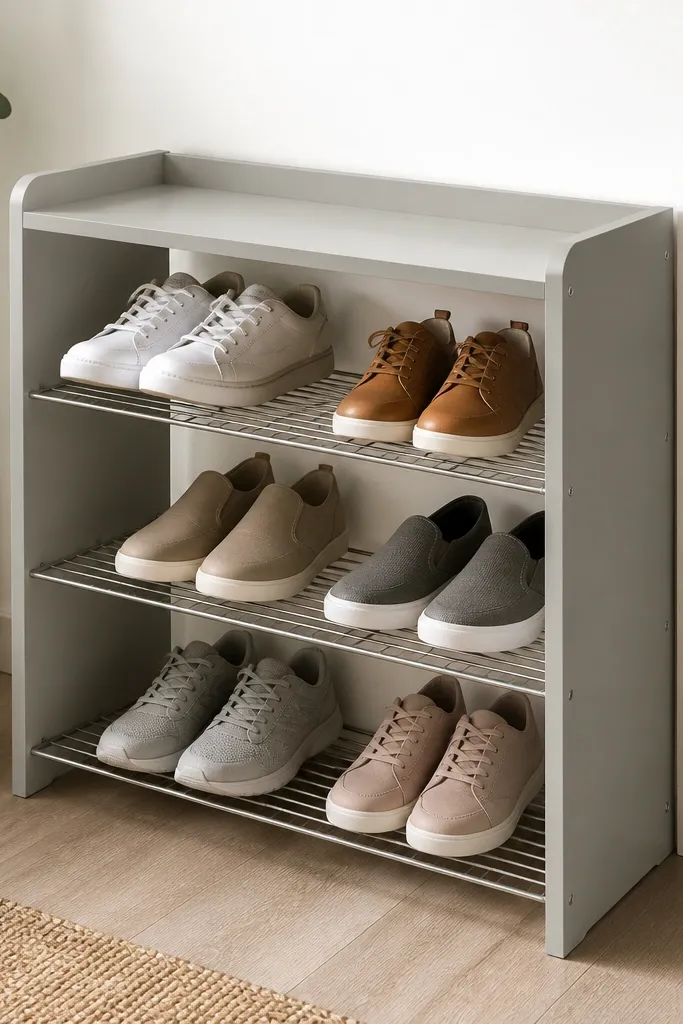 A compact wire shelving unit with three levels. The sides have DIY wood panels painted in a soft gray, and the top has a small lip to stop shoes from sliding out.