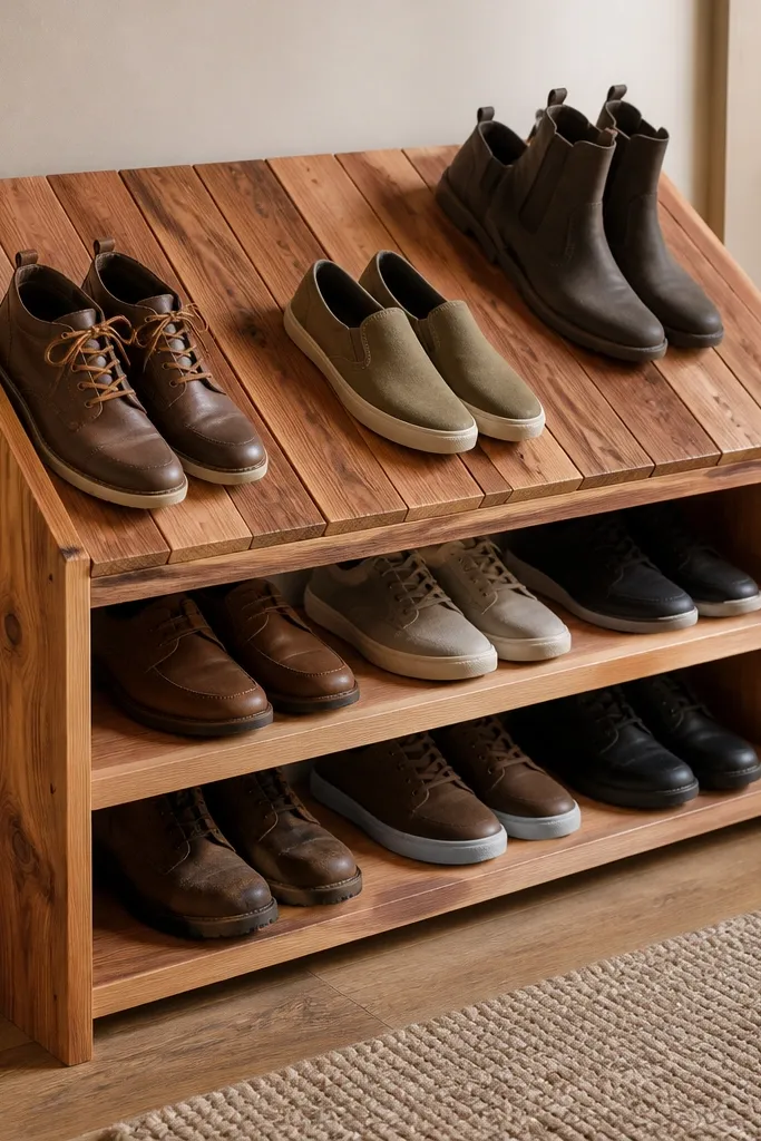 A rustic shoe rack made from cedar fence boards arranged like a small bench. The top surface is slightly angled so shoes rest in place, and the wood has a warm natural finish.
