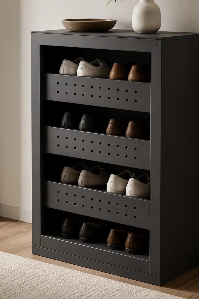 A compact plywood shoe cabinet with a framed front opening. Each shelf is a plywood box with neat rows of small drilled ventilation holes, and the cabinet is painted charcoal.