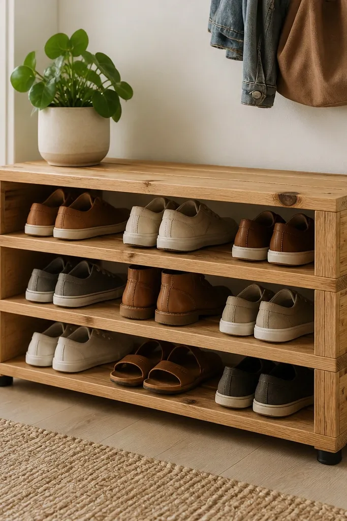 A shoe rack built from a pallet frame, sanded smooth and stained a light honey color. The front has three open compartments with slats, and the rack sits on small leveling feet.