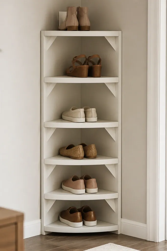 A corner shoe rack that fits in the gap between two walls. It has angled shelves and triangular braces, painted off-white with clean lines.