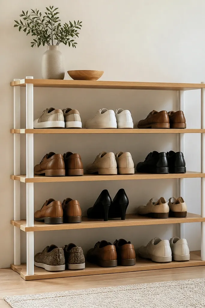 A shoe rack with white PVC vertical posts and horizontal wooden shelves. The posts are spaced evenly, and the wood shelves are light oak stained.
