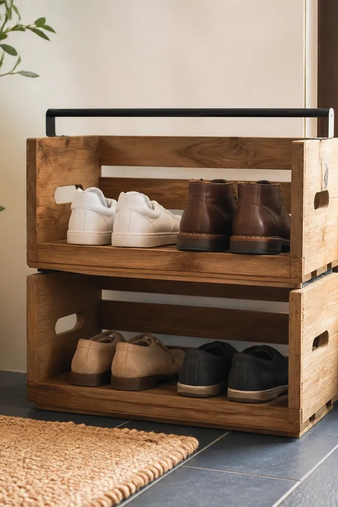 Two wooden crates stacked with open slats for shoes. There's a simple bottom tray catching dust, and the rack has a natural wood finish with a black top rail.
