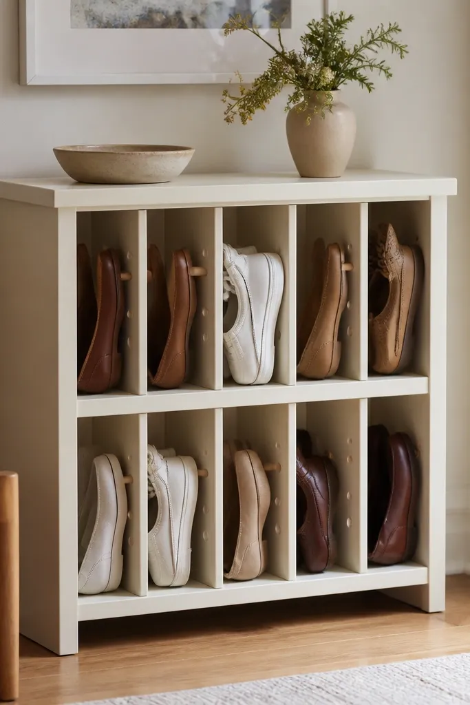 A small bookcase-style shoe rack with vertical slots and movable dividers. The dividers are plywood strips with dowel pegs, and the unit is painted cream.