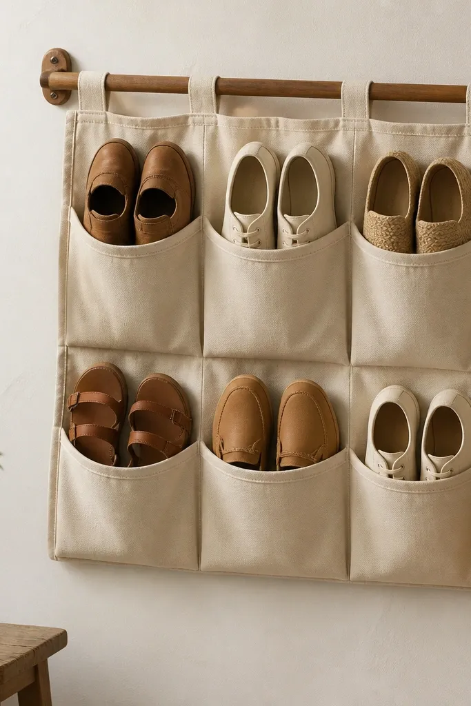 A wall-mounted rack with a wooden rod and fabric pockets hanging down. Each pocket holds a pair, and the fabric is a canvas color with stitched edges.