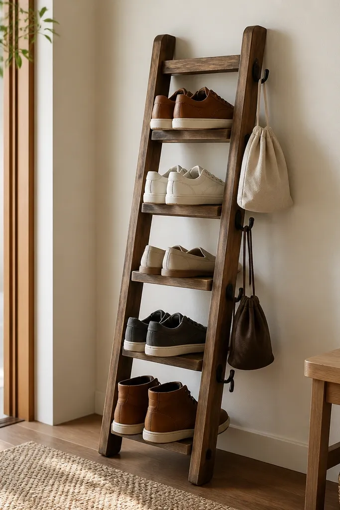 A small wooden ladder leaning against the wall. The rungs hold shoes, and there are metal hooks on the side for shoe bags or hanging laces.