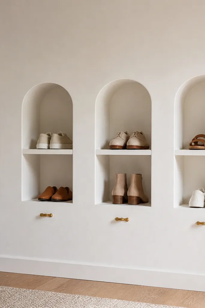 A wall with three recessed shoe niches. Each niche has a small brass handle and a shelf inside, painted matte white with a warm brass accent.