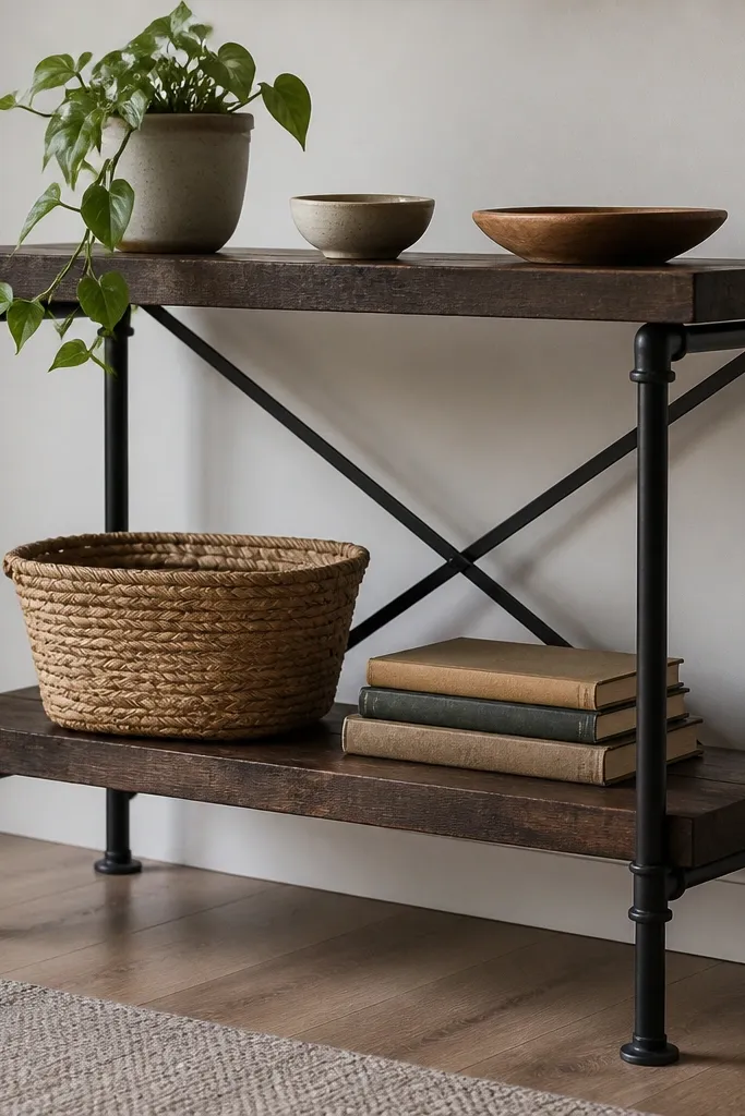 Black iron pipe frame with two wooden shelves. The shelves are stained dark and the frame has cross bracing at the back.