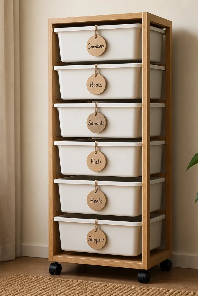 A vertical stack of rolling plastic drawers inside a simple wooden frame. Labels are handwritten, and each bin holds one pair.