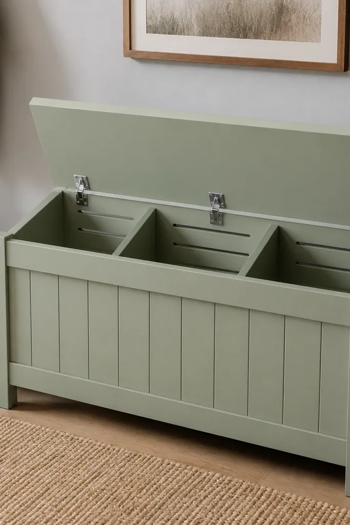 A small bench with a hinged top that opens. Inside, there are compartments with slanted dividers and small vents, all painted the same color as the bench.