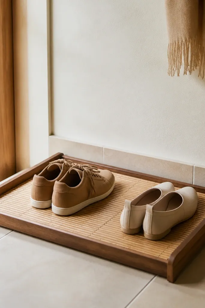 A bamboo mat base inside a wood frame with raised rails on the sides. Shoes sit directly on the mat, and the rack is placed near an entry door.