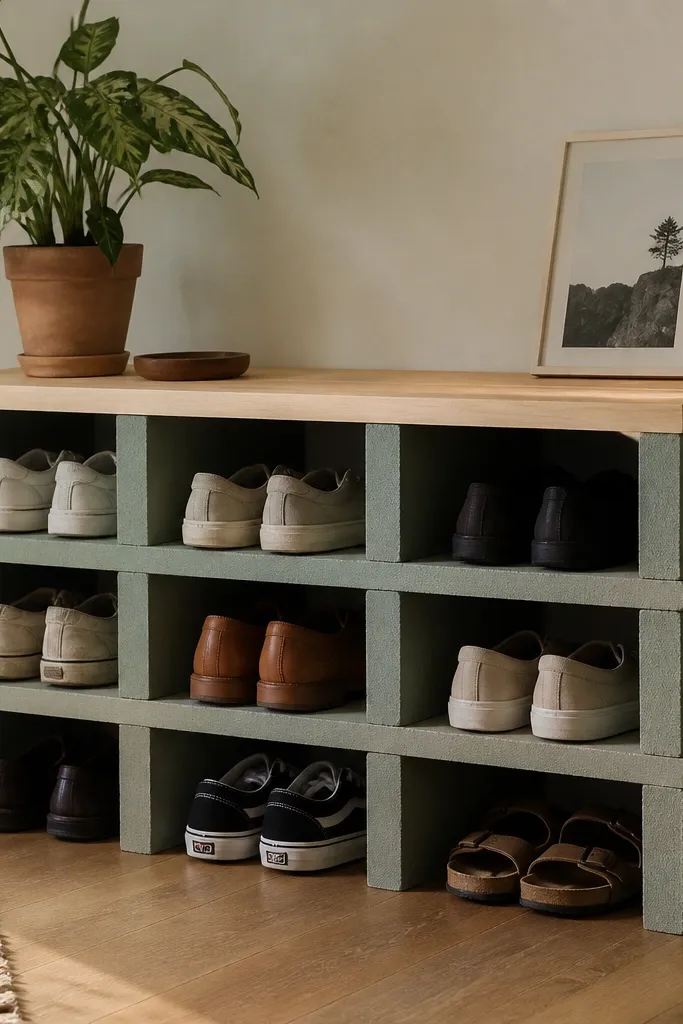 A simple shoe rack made from stacked cinder blocks on the floor. A cut plywood cap spans across for stability, and the blocks are painted a matte color.