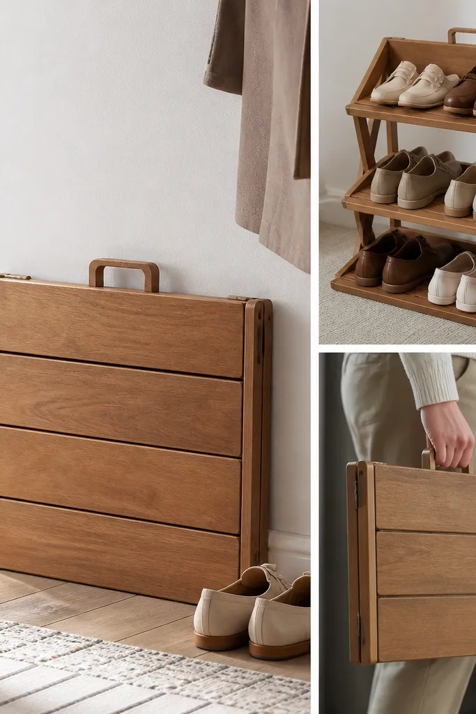 A compact fold-up shoe rack that lies flat when closed and stands up when opened. It has hinged wooden panels and a small handle.