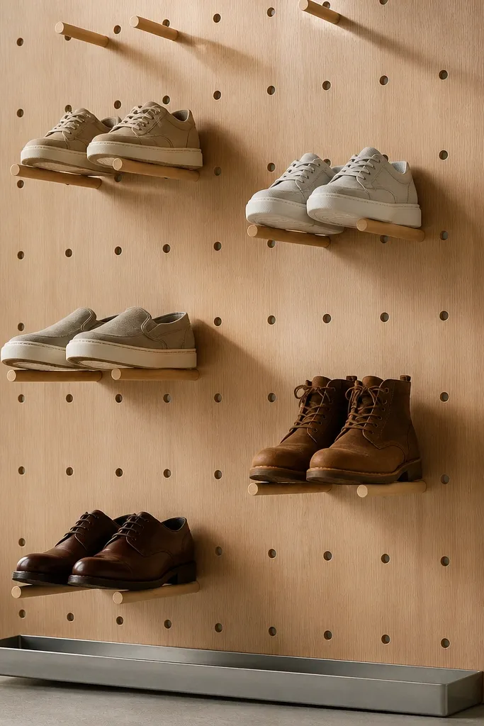 A pegboard wall section with wooden dowels sticking out like pegs. Shoes rest on the dowels, and a small metal tray sits at the bottom to catch dust.