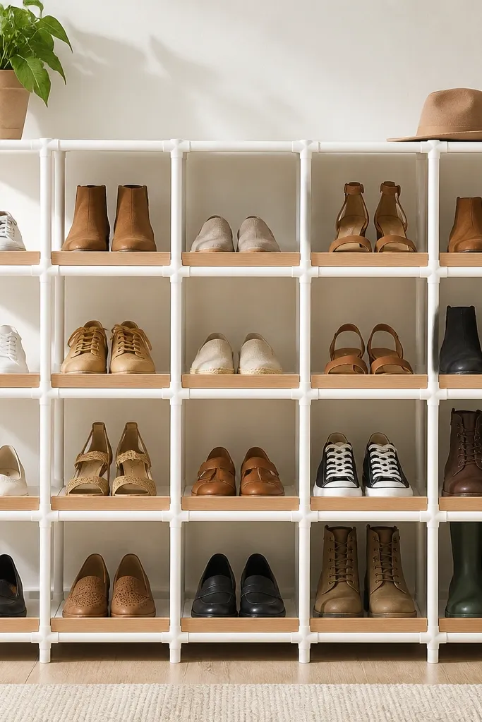A white PVC grid structure with open squares. There are removable wooden stops at the front edges of each row holding shoes in place.