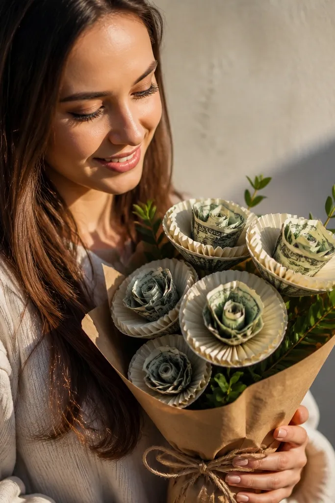 Rolled paper rosettes with a folded bill center on green stems