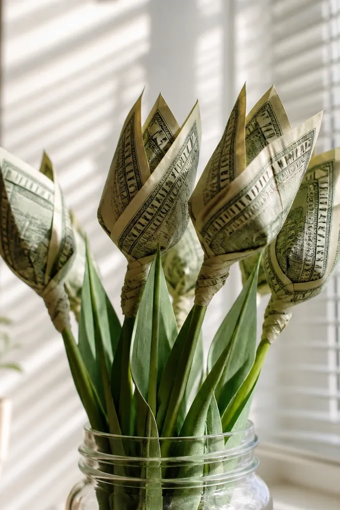 Folded bill tulip shapes with green ribbon stems