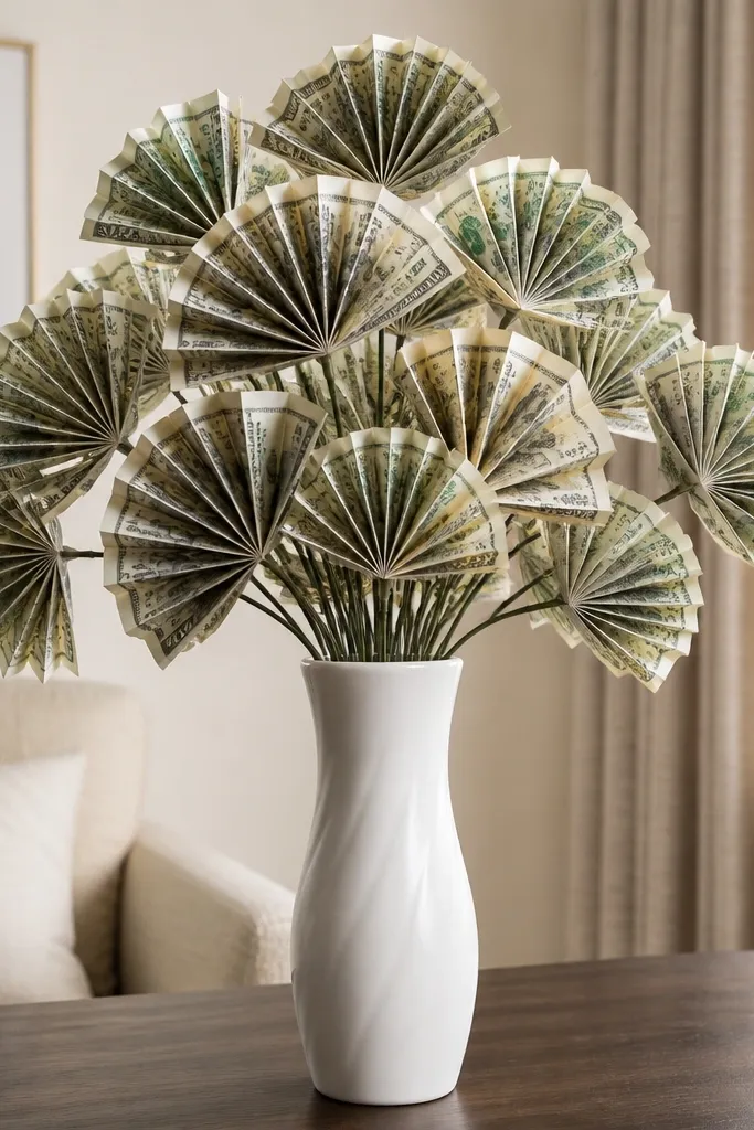 Accordion-folded bills arranged like fans on thin stems