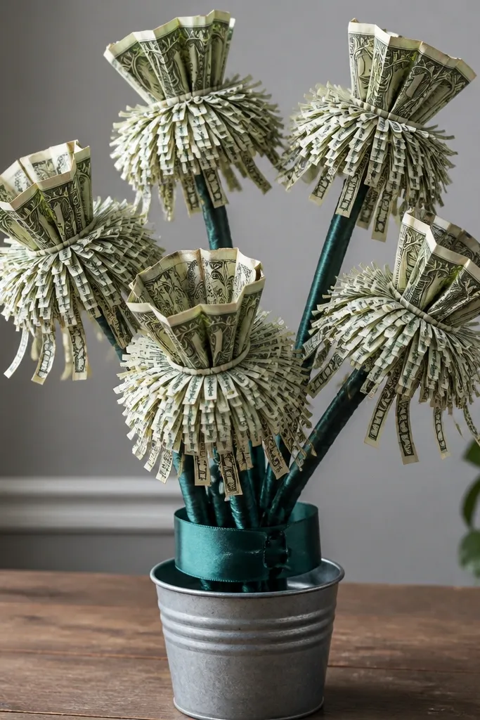 Small bill flowers with ribbon wraps and dangling strips