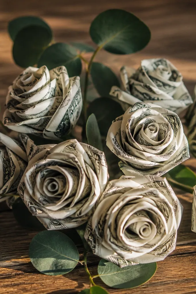 Rolled bill spiral roses on wrapped stems