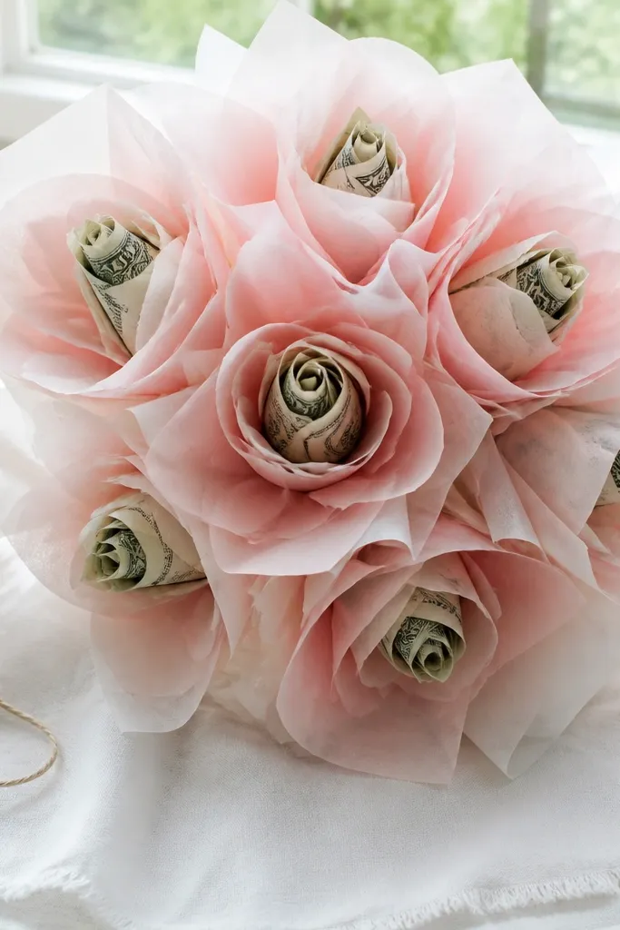 Tissue paper petals around a folded bill center