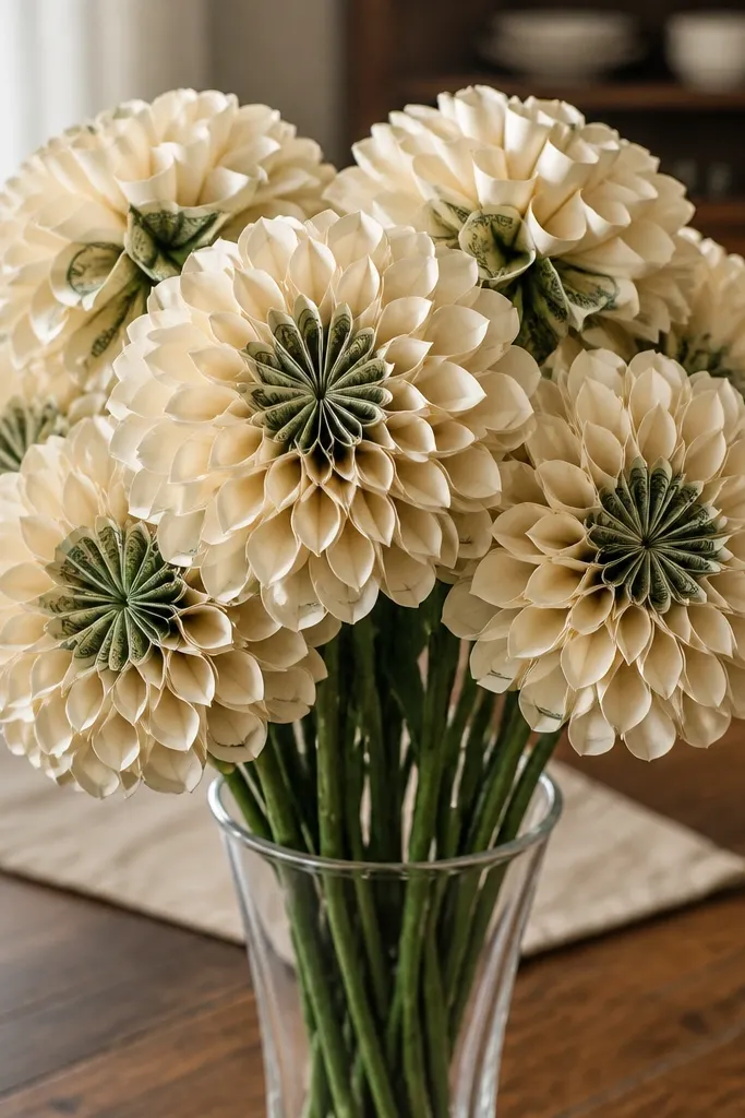 Looped paper petals with a folded bill center like carnations