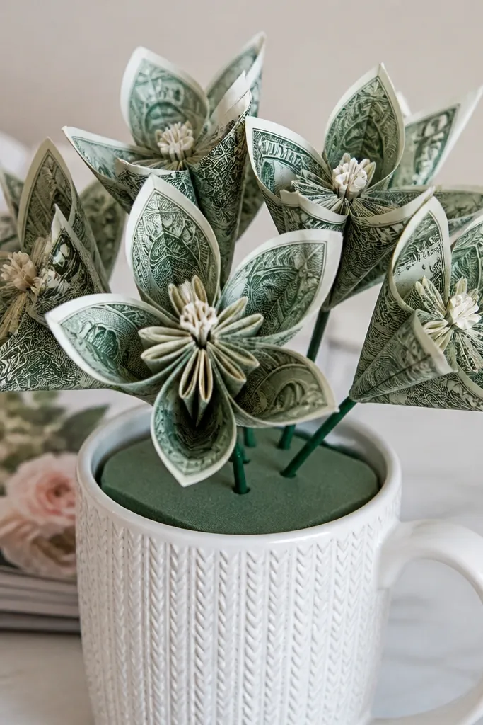 Folded money petals arranged like flowers with green stems