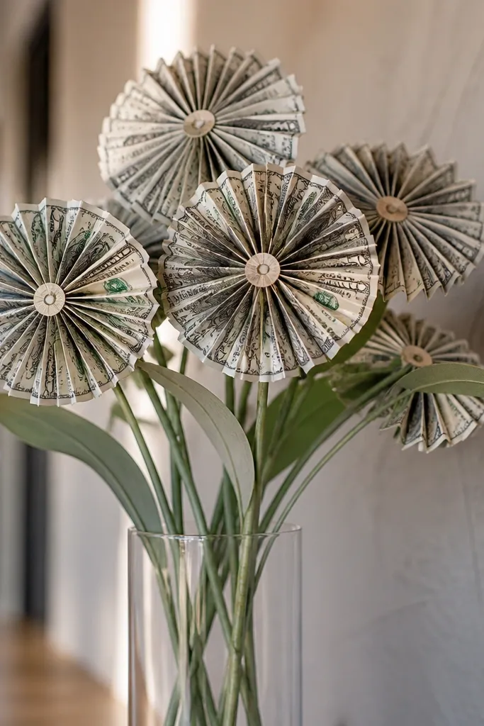 Money pinwheels on sticks with ribbon tails