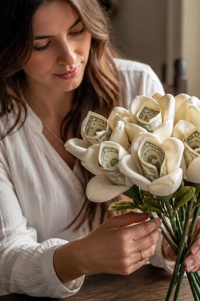 Fabric loop petals around folded bills on wrapped stems