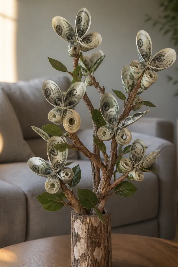Rolled bill shapes like butterflies on stems with small leaf accents