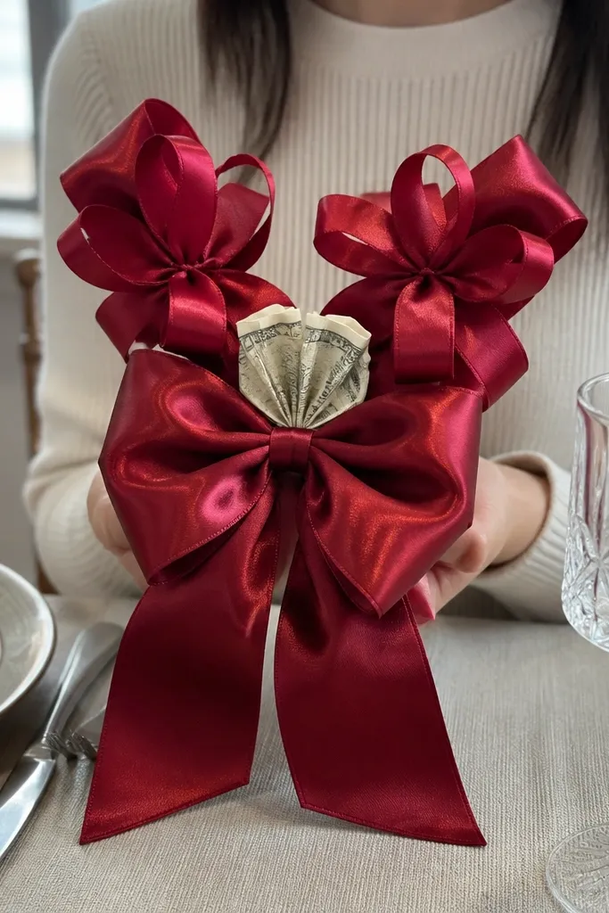 Ribbon knot bows with folded bill centers on green stems