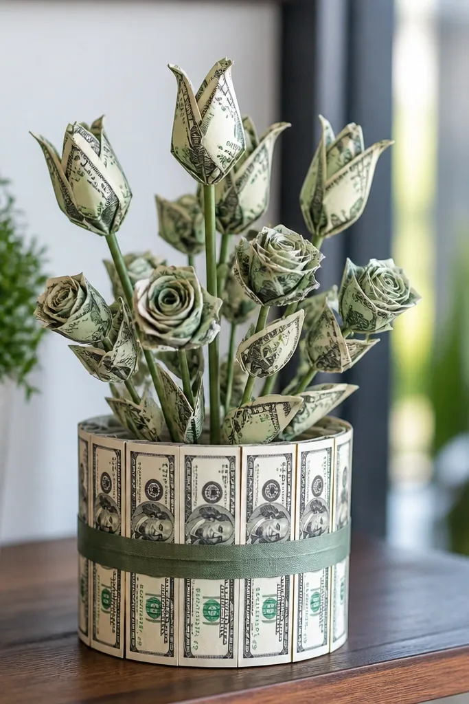 Stems in a wrapped container made from money and ribbon