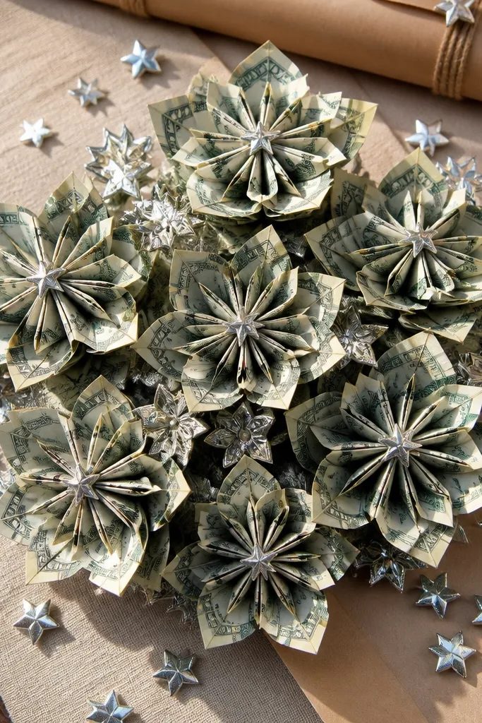Bill squares arranged like flowers with small star decorations