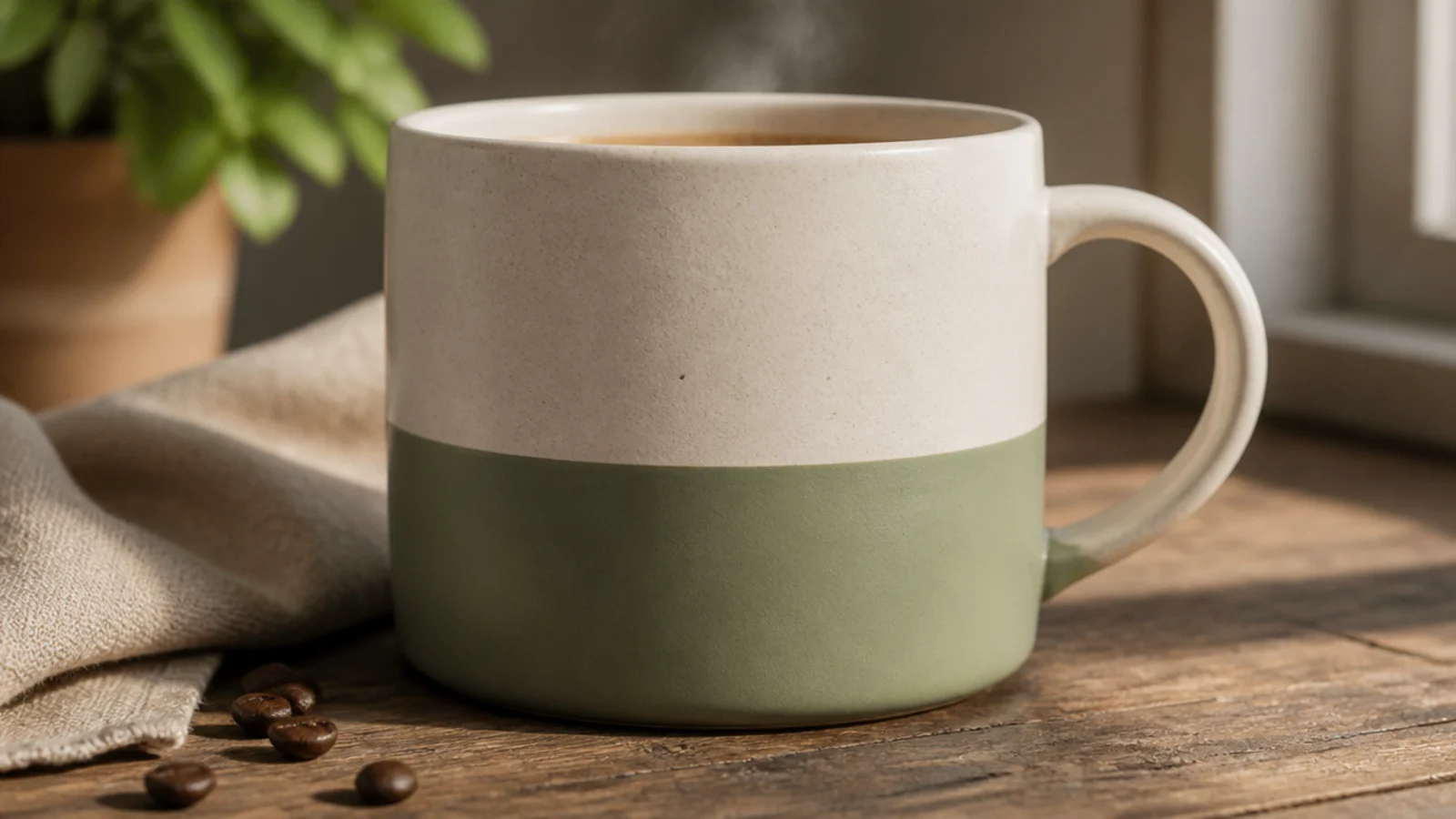 A white mug with the bottom third painted a solid sage green in one clean level band, the top left white.