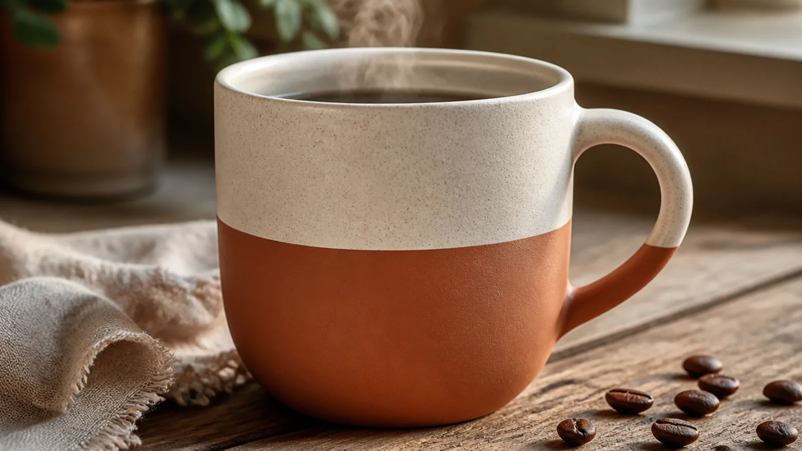 A mug split into two colors, cream on top and terracotta on the bottom, meeting at one clean line.