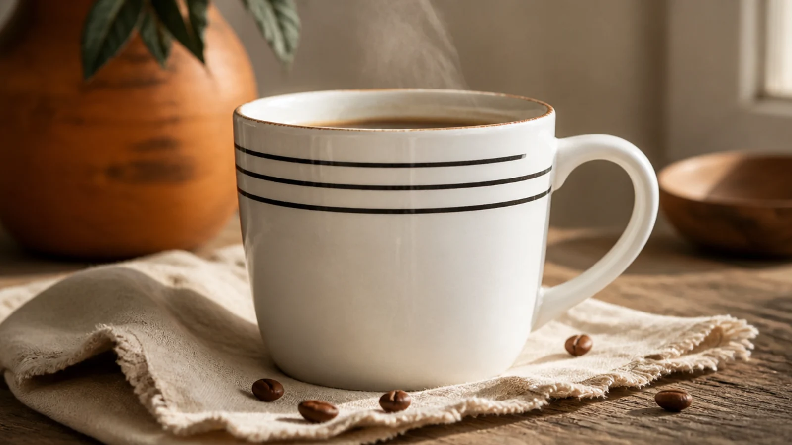 A white mug with three evenly spaced thin black horizontal stripes wrapping around the body below the rim.