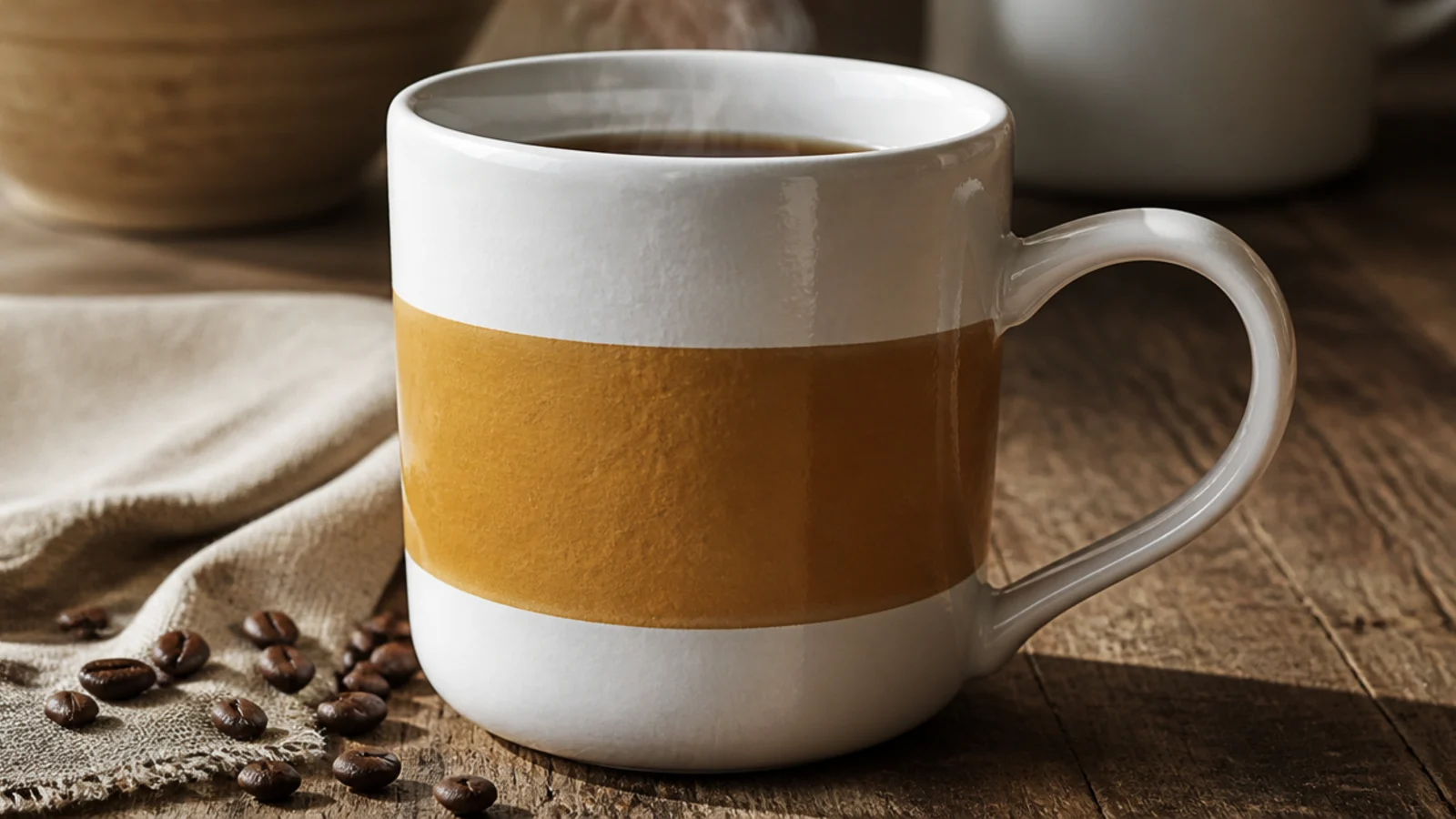 A white mug with one wide mustard band across the middle third, white above and below.